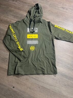 Express Olive Green Hooded Sweatshirt with Yellow Graphics